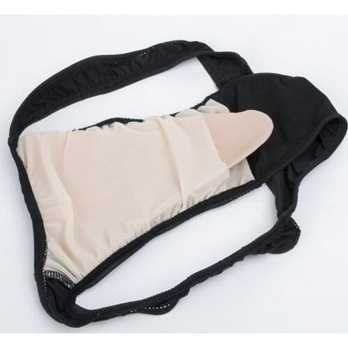 Removable Silicone Insert Pad Black Thong Underwear Sets Mens Hiding Penis JJ Transvestite Transgender Crossdresser Panties