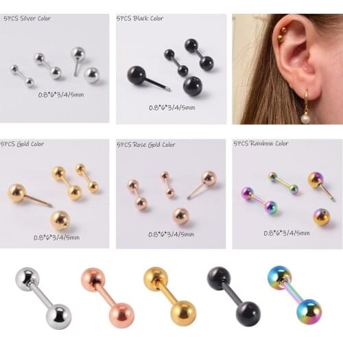 5PCS/Lot 20G Stainless Steel Ear Piercings Helix Piercings 3&4&5mm Ball Barbell Earring Tragus Barbell Piercings Body Jewelry