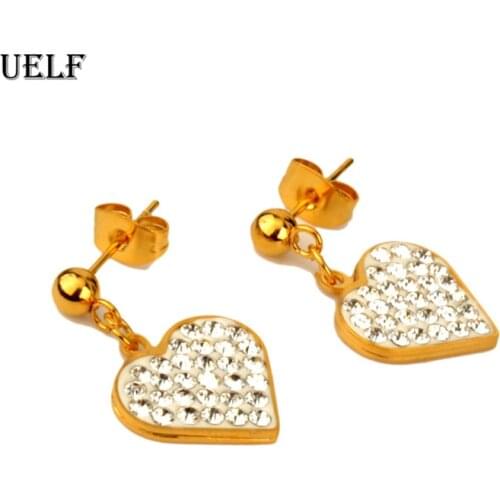Uelf 1 Pair Love Heart Long Earrings Dangle Zirconia Earrings Metal Gold-color Heart Dangle Earrings For Women Jewelry