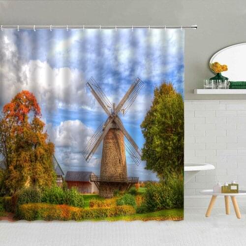 Nordic Countryside Scenery Shower Curtain Green Plant Windmill House Landscape Bathroom Decor Seaside Town Waterproof Curtains