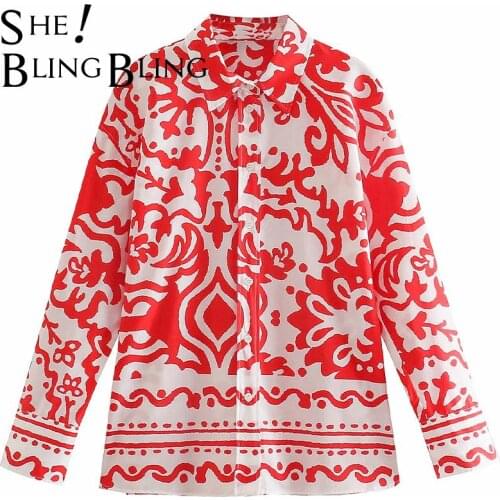 SheBlingBling 2021 ZA Red Print Casual Loose Shirts Women Summer Drop Shoulder Sleeves Turn Down Collar Female Long Shirt Tops