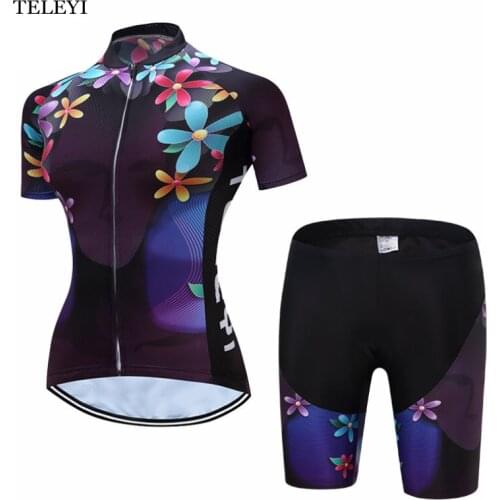 TELEYI Team Ropa Ciclismo Cycling Jersey Women Bike Bicycle Outdoor Sports Wear Shirt Short Sleeves Tops Bib Shorts Set Purple