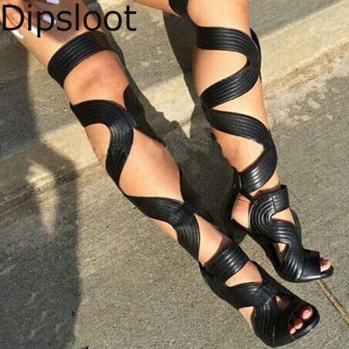 Botas 2017 Woman Sexy Strappy Lace Up Thigh High Sandals Boots Women Stiletto High Heels Cut Out Summer Over Knee Stylish Boots