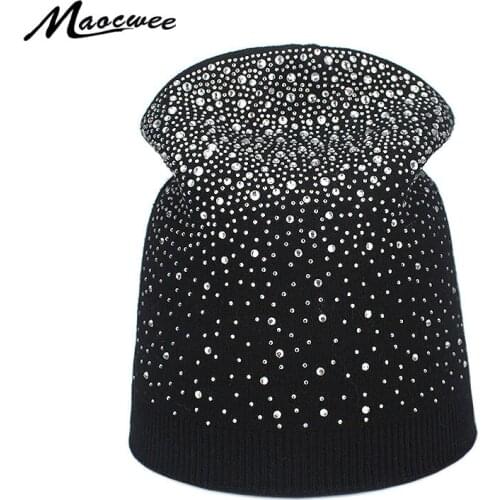 Women Winter Beanies Hat Loose Slouch Rhinestone Skullies Hats Knitted Wool Diamonds Beanie Shiny Womens Ladies Girls Caps Hats
