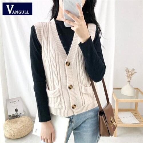 Vangull Pocket Women Sweater Vest 2020 Autumn Vintage V Neck Sleeveless Cardigan Single Breasted Knitted Woman Sweaters Vest