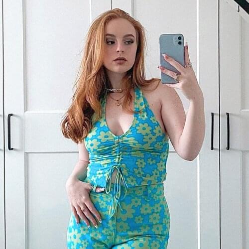 Vintage Y2K Skinny Floral Print Halter Neck Tank Top Casual Backless Drawstring Summer Crop Tops 2000s Aesthetic Vest