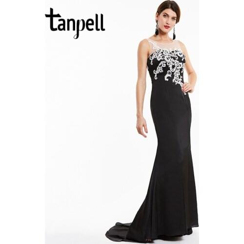 Tanpell long evening dress sexy black scoop sleeveless appliques sweep train gown women prom formal lace mermaid evening dresses