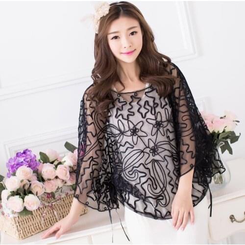Summer Casual Loose Women Batwing Sleeve Ribbon Cord Embroidery Lace Poncho Vintage Sheer Femme Cloak Jacket Coat