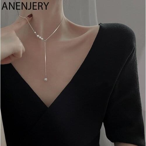 ANENJERY 925 Sterling Silver Pearl Tassel Adjustable Necklace for Women French Simple Light Luxury Clavicle Chain Gift