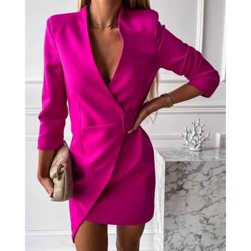 STYLISH LADY Rose Blazer Dress 2021 Autumn Women Long Sleeve V Neck Belt Irregular Club Party Office Lady Workwear Mini Dress