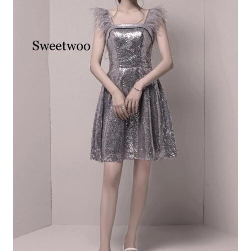 Sequined party Dress 2020 Elegant Silver Gray Women Short Formal Dresses Sling Vestido