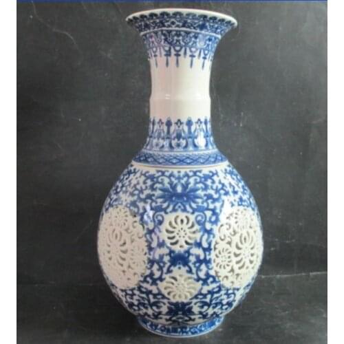 11.42 inch/ Exquisite Chinese Classical Handmade Blue and White Porcelain Hollow-out Double Tiers Vase
