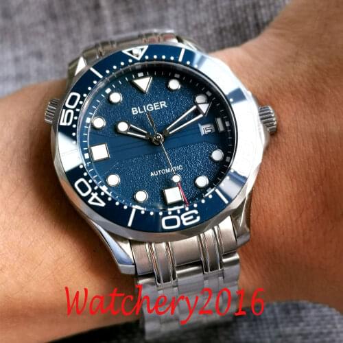 41mm Bliger Blue Dial Sapphire Glass Ceramic Bezel Stainless Steel Miyota 8215 Automatic Mens Watch