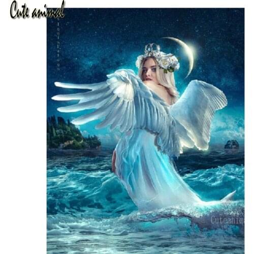 5D Diamond Painting Angel Girl Seascape Moon Picture Of Rhinestones DIY Diamond Embroidery Mosaic Full Square round Drill Decor