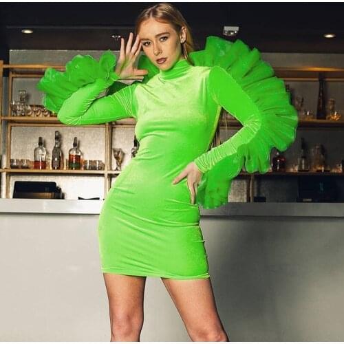 BKLD Autumn Mesh Patchwork Long Sleeve Velvet Dress Elegant Womens Neon Green Fashion Ruffle Bodycon Turtleneck Mini Party Dress