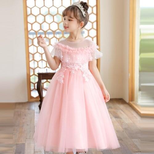 Flower Girl Dresses Childrens Lace Long Applique Princess Wedding Dress for Girl Teen Birthday Party Costume 4-14Y Kids Clothes