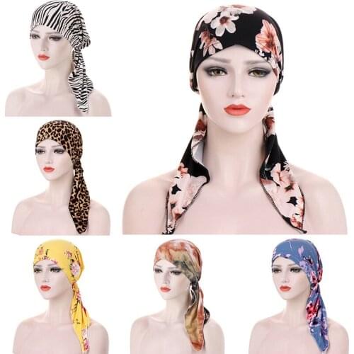 Womens Muslim Hijab Cancer Chemo Caps Flower Print Turban Cap Hair Loss Headscarf Elastic Cotton Muslim Hijab Scarf Headwear