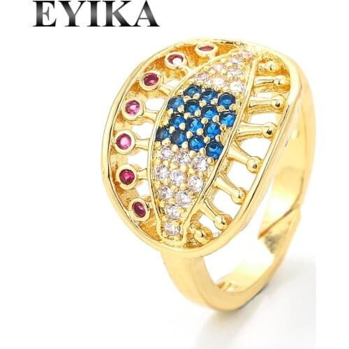 EYIKA Turkish Blue Evil Eye Women Multicolor Zircon Adjustable Ring Gold Silver Color Lady Open Finger Rings Wedding Engagement