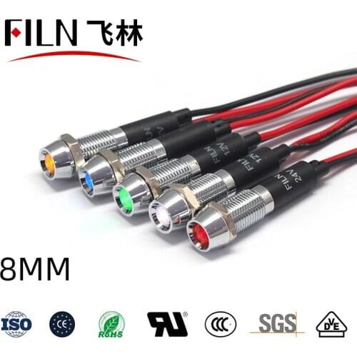FILN 8mm mounting hole IP67 waterproof 12v 24v 220v 110v pilot lights long-life led indicator light with cable