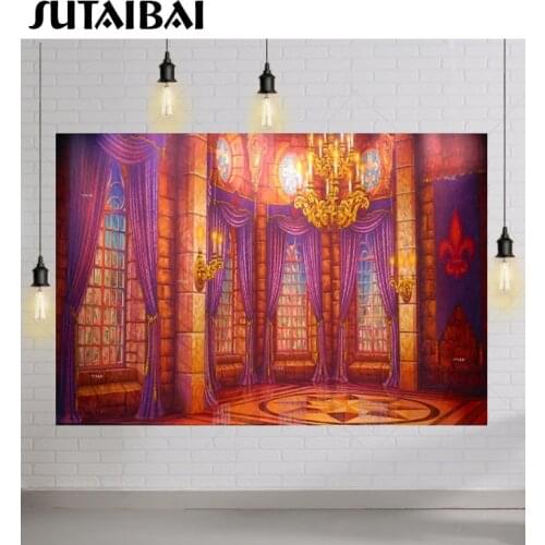 Beauty Fairy Tale Ballroom Stone Hall Palace Curtain Window Chandelier Princess Background Custom Photo Studio Backdrop Vinyl