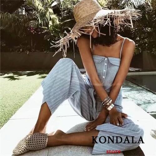 KONDALA Women Jumpsuit 2021 Summer High Street Backless Bow Blue Striped Suspender Sexy Rompers Casuual Bodysuit Mujer Mono