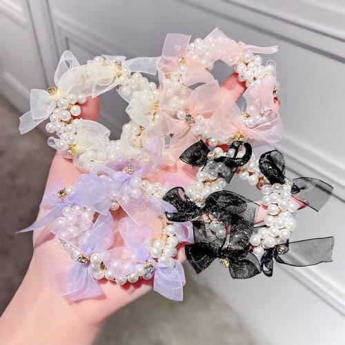 Korean Fashion Lace Bow Pearl Elastic Rubber Band Elegant Womens Tie Horsetail Hair Headdress Decoration Accessories Ornaments