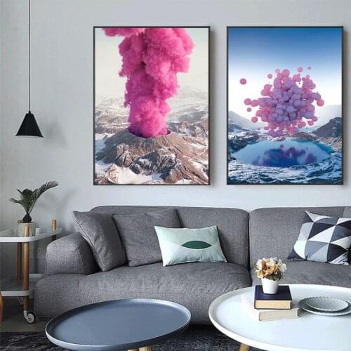 Nordic Creative Landscape Balloon Volcano Red Blue Smoke Canvas Painting Posters Prints Wall Art Pictures Home Decor Living Room