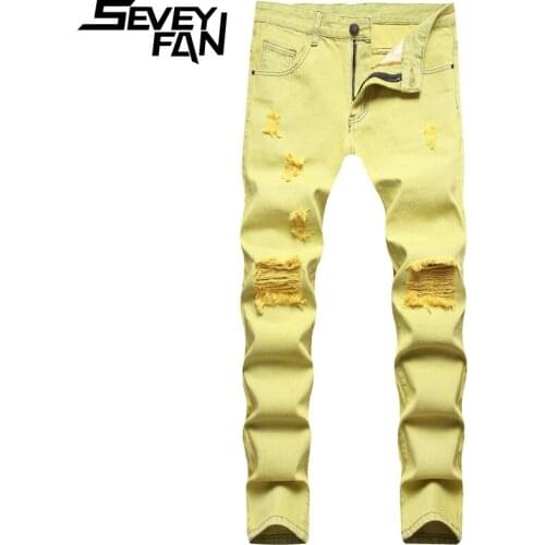 SEVEYFAN Mens Fashion Skinny Ripped Jeans Yellow Stretch Hole Denim Pants Urban Trendy Urban Jeans for Male