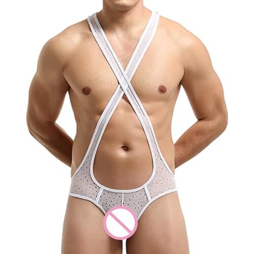 Mens Undershirts Leotard Mesh Hollow Out Transparent Jumpsuits Wrestling Singlets Underwear Jock Strap Open Butt String Bodysuit