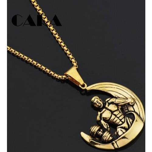 New Gold Color 316L Stainless Steel Muscle Man Sports Gym Fitness Dumbbells Moon Pendant Necklaces For Men Jewelry CAGF0386