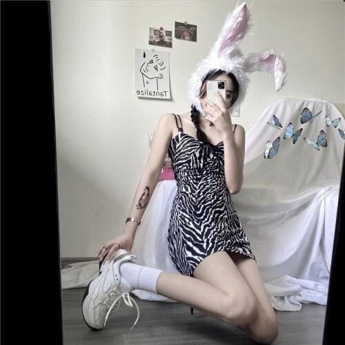 Weirdgirl Zebra Stripes Print Sexy Mini Dress Women Vintage V-neck Sleeveless Lace Up Slim Dress Summer Harajuku Black Dress