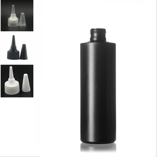 250ml empty plastic soft bottle , black HDPE cylinder round with black/white/transparent Twist Top Caps, pointed mouth top cap