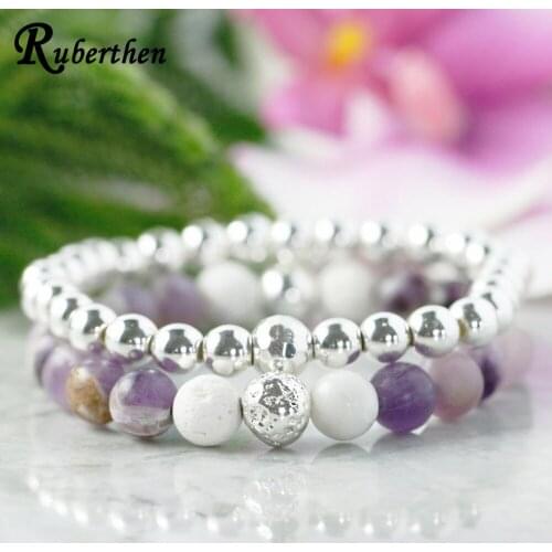 Ruberthen Purple Crystal Bead Mala Bracelet Set Essential Oil Diffuser Bracelet White Lava Stone Energy Bracelet Best Gift