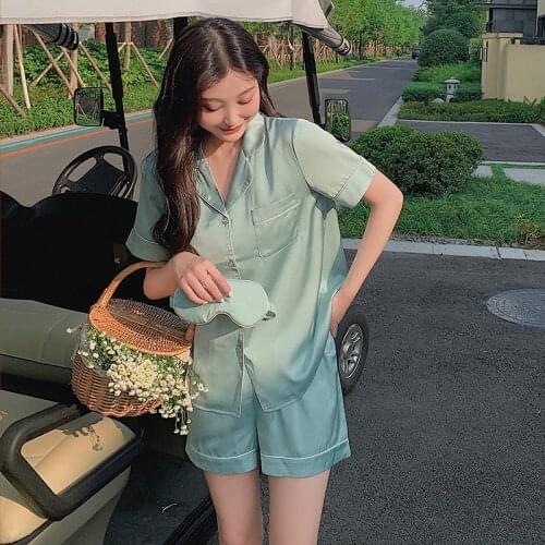 Sweet fresh Green Shorts Pajamas Sets Women Korea Elegant Satins ice Silk Short Sleeves casual Pyjamas Women Sleepwear