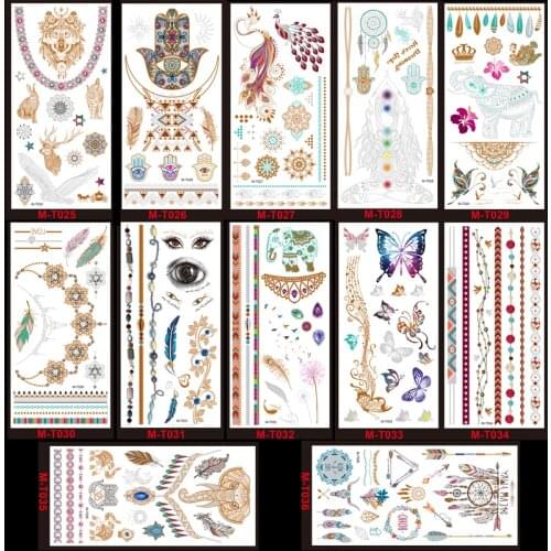 1sheet Color Gold Temporary Flash Metal Tattoo Sticker face choker Elephant Beauty Butterfly Feather Love Women Henna Body Art