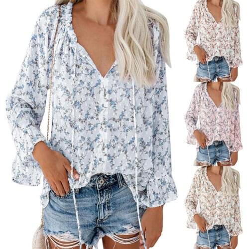 Floral Print Drawstring Long Bell Sleeve Blouse Women Summer Beach Boho Plus Size XXL V Neck Casual Loose Blouse Tops Streetwear
