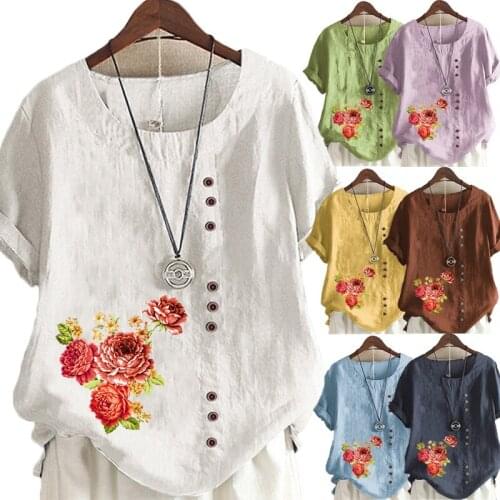 Womens Summer Leisure Floral Print Loose T-shirt Retro Round Neck XL Short Sleeve Top XS-5XL