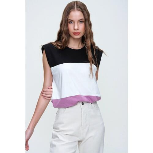 Women Lilac With Shoulder Pads Three Blocky Soft Textured Bluz Attractive Modern Fashion Design