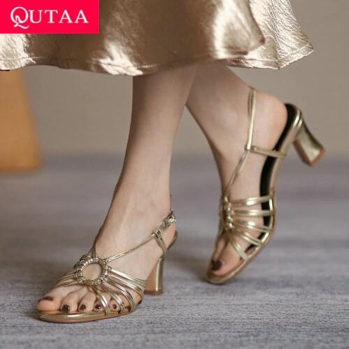 QUTAA 2021 New Summer Square High Heel Sandals Genuine Leather Cut Outs Female Shoes Buckle Slingback Women Pumps Size 34-40