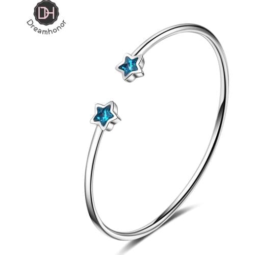 Dreamhonor 925 Silver Blue Crystal Star Bangles Women Classic Handmade Silver Creative Open Cuff Bangles Jewelry