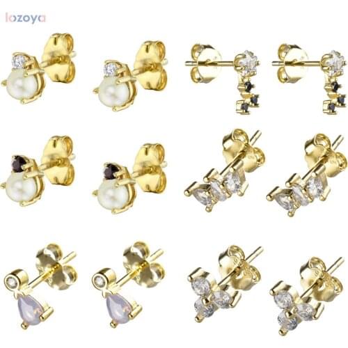 LOZOYA 925 Sterling Silver Luxury Ear Jewelry For Women Pearl Stud Earring Women Black Zircon CZ Crystal Valentines Day Gift