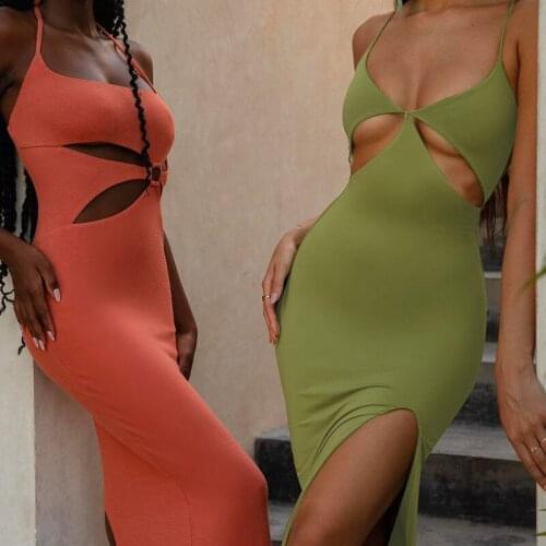 2021 Cut Out Show Waist Sexy Y2K Maxi Dress Women Shape Streetwear Sleeveless Skinny Slim Bodycon Vestidos Sense of Design Dress