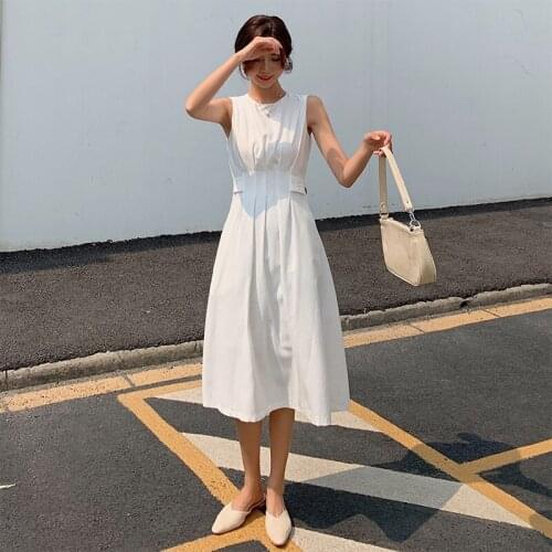 Fashion korean style women elegant sleeveless formal dress new arrival vintage high quality summer o-neck mini a-line dress