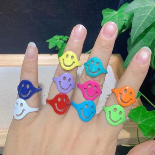 10Pcs New Variety of Summer Style Happy Ring Enamel Smiling Ring Happy Face Adjustable Brass Ring