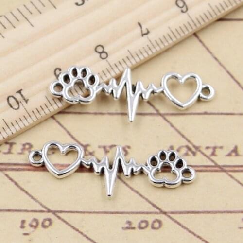 20pcs Charms ECG Heartbeat Heart Dog Claw Link 12x34mm Tibetan Silver Color Pendants Antique Jewelry Making DIY Handmade Craft