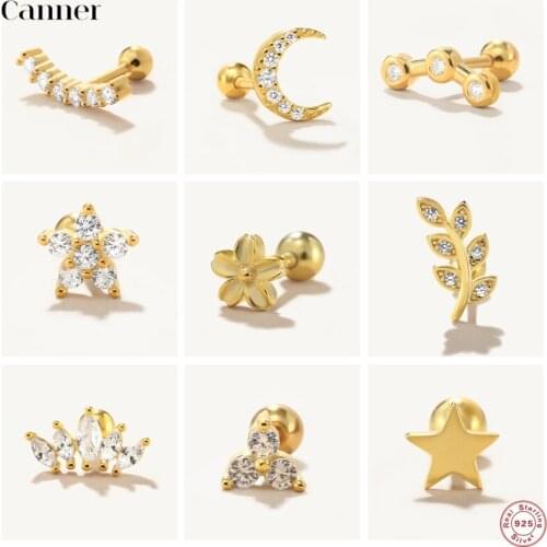 Canner 1PC 925 Sterling Silver Stud Earring for Women Piercing Cartilage Moon Leaves Lightning Earring Small Cute Earing Jewelry