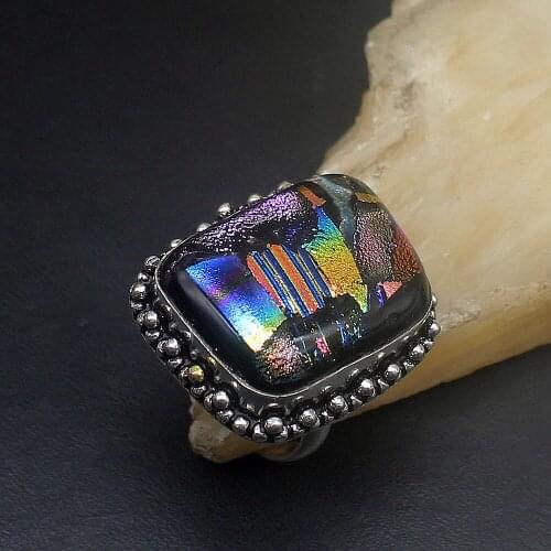 Hermosa Jewelry Solitaire Vintage Trendy Dichroic Glass Silver Color Wedding Charms Band Ring For Women Men Size 9 FQ149