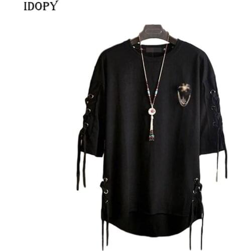 Idopy Korean Fashion Men`s Streetwear Lace Punk Gothic Pullover Steampunk Hem Hip Hop Sweatshirts Shirts Tees