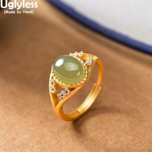 Uglyless Simple Oval Jade Rings for Women Hollow Gemstones Open Rings Sparkly Zircons Crystals Fashion Jewelry 925 Silver Bijoux