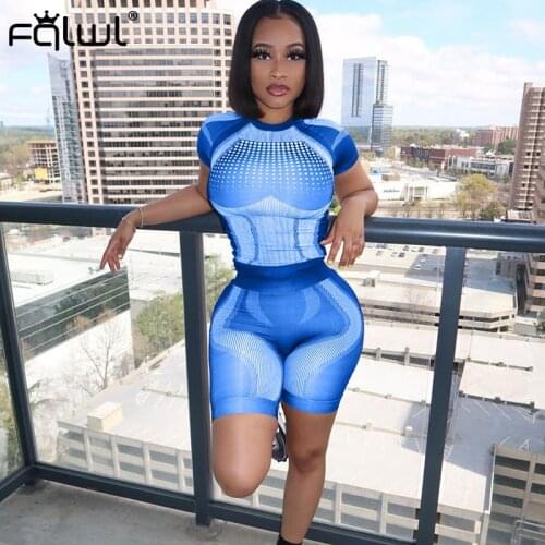 FQLWL Summer Outfits Fitness 2 Two Piece Set Women Crop Top Biker Shorts Set Female Elastic Ladies Tracksuit Women Matching Sets
